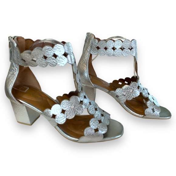 SUDINI NOVARA SILVER OPEN TOE LEATHER HEELS SANDALS BLOCK HEEL WOMEN’S SIZE 8.5 - Picture 3 of 6